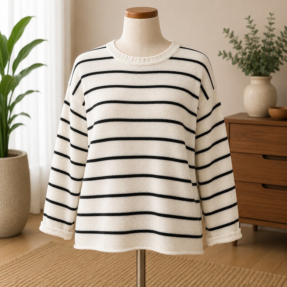 NWT Cupshe Striped Knit Sweater Womens XL White Black Oversized Drop Shoulder